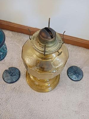 BLUE AND BLACK MOSAIC CANDLE HOLDERS & OIL LAMP