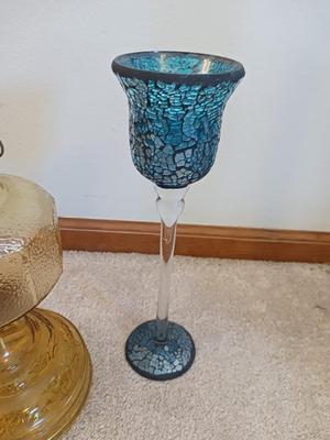 BLUE AND BLACK MOSAIC CANDLE HOLDERS & OIL LAMP