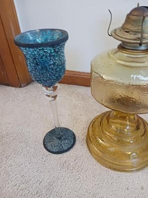 BLUE AND BLACK MOSAIC CANDLE HOLDERS & OIL LAMP
