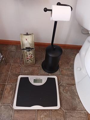 BATHROOM SCALE, TP HOLDER, TOILET BRUSH. AND PAINTED BOX