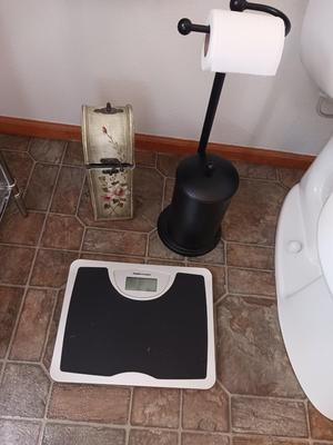BATHROOM SCALE, TP HOLDER, TOILET BRUSH. AND PAINTED BOX