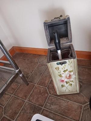 BATHROOM SCALE, TP HOLDER, TOILET BRUSH. AND PAINTED BOX
