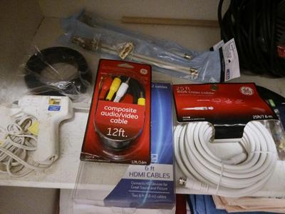 HAND HELD DIRT DEVIL VACUUM, HOT GLUE GUN, AUDIO VIDEO CABLES AND MORE!