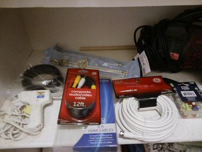 HAND HELD DIRT DEVIL VACUUM, HOT GLUE GUN, AUDIO VIDEO CABLES AND MORE!
