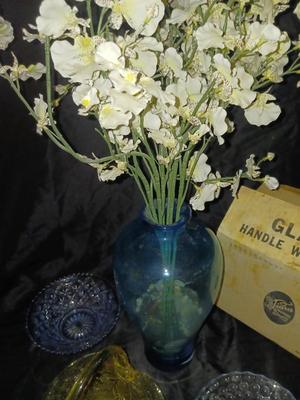 VTG TIARA GLASS BASKET, IMPERIAL BLUE DIAMOND BLOCK CUT BOWL, TEAL VASE & MORE!
