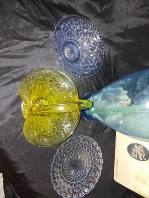 VTG TIARA GLASS BASKET, IMPERIAL BLUE DIAMOND BLOCK CUT BOWL, TEAL VASE & MORE!