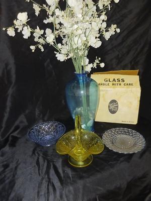VTG TIARA GLASS BASKET, IMPERIAL BLUE DIAMOND BLOCK CUT BOWL, TEAL VASE & MORE!