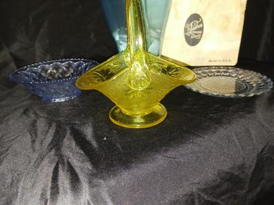 VTG TIARA GLASS BASKET, IMPERIAL BLUE DIAMOND BLOCK CUT BOWL, TEAL VASE & MORE!