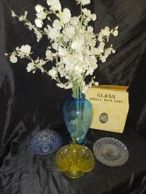 VTG TIARA GLASS BASKET, IMPERIAL BLUE DIAMOND BLOCK CUT BOWL, TEAL VASE & MORE!