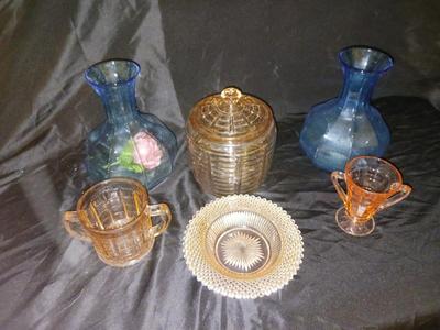 VTG ANCHOR HOCKING RIBBED PINK GLASS BISCUIT JAR, PINK DEPRESSION GLASS AND MORE!
