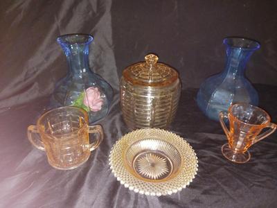 VTG ANCHOR HOCKING RIBBED PINK GLASS BISCUIT JAR, PINK DEPRESSION GLASS AND MORE!