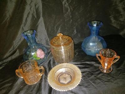 VTG ANCHOR HOCKING RIBBED PINK GLASS BISCUIT JAR, PINK DEPRESSION GLASS AND MORE!