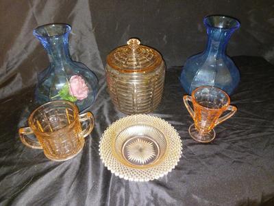 VTG ANCHOR HOCKING RIBBED PINK GLASS BISCUIT JAR, PINK DEPRESSION GLASS AND MORE!