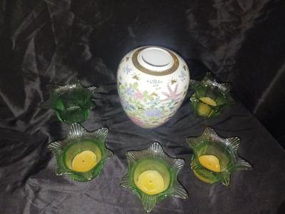 CANDLE HOLDERS W/ HAND PAINTED VASE