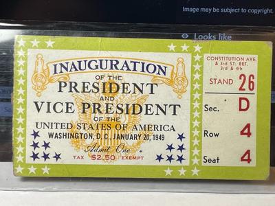 Truman & Barkley Inaugural Ticket Stub -- 20 January 1949 -- First Televised Inaugural -- 4.5'' x 2.5'' -- in...