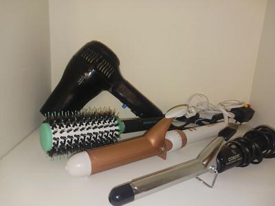 TWO CONAIR CURLING IRON, BLOW DRYER AND BRUSH