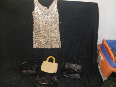 SEQUIN DRESS, THREE BLACK PURSES AND A WOVEN PURSE