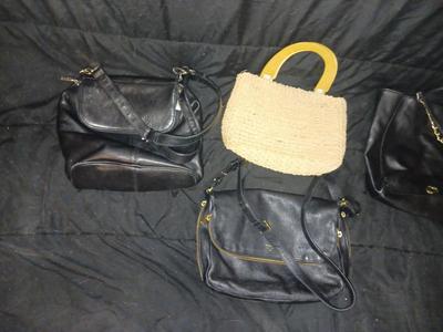 SEQUIN DRESS, THREE BLACK PURSES AND A WOVEN PURSE