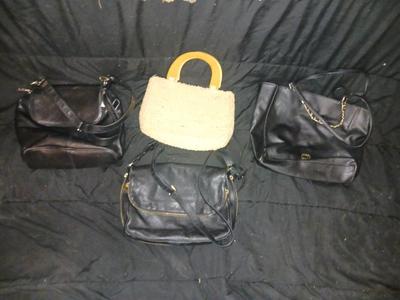 SEQUIN DRESS, THREE BLACK PURSES AND A WOVEN PURSE