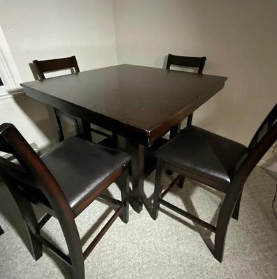 Mahogany High Top Table with 4 Padded Chairs