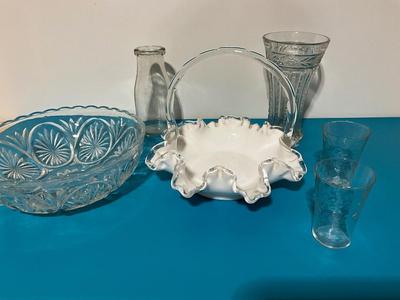 Milk Glass Candy Dish w/vintage milk bottle and vintage vase