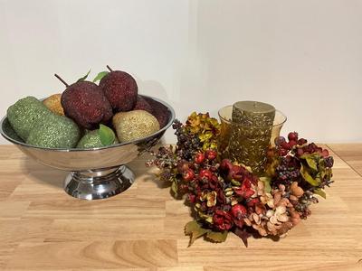 Fruit in Silver plated bowl, Candle holder w/candle
