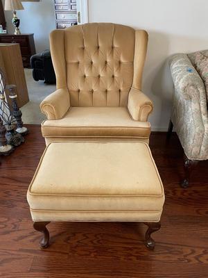 Queen Anne Style Wing Back Chair with Footrest
