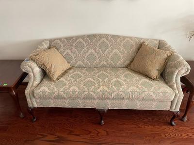 Carved Mahogany Queen Anne Style Upholstered Sofa