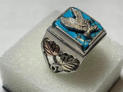 VINTAGE PREOWNED "BLACK HILLS" STERLING SOUTHWEST EAGLE RING SIZE-9 IN VERY GOOD PREOWNED CONDITION.