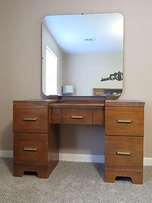 Vintage Huntley Furniture vanity with harp backed chair