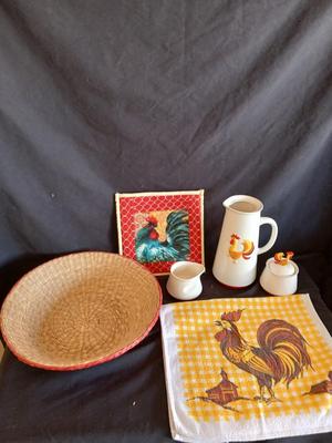 Holt Howard 1960 Rooster tea pot with cream and sugar - rooster towel - trivet and a basket