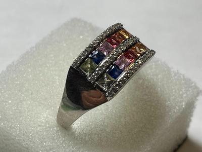 D'Joy Designer Signed Colored Stones Halo Sterling Silver Band Ring Size-10 in VG Preowned Condition as Pictured.