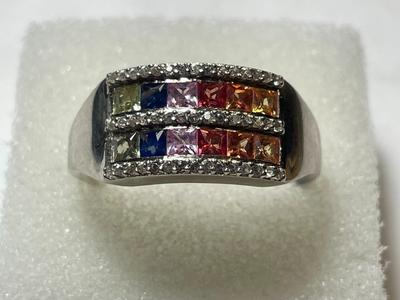 D'Joy Designer Signed Colored Stones Halo Sterling Silver Band Ring Size-10 in VG Preowned Condition as Pictured.