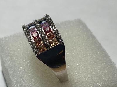 D'Joy Designer Signed Colored Stones Halo Sterling Silver Band Ring Size-10 in VG Preowned Condition as Pictured.