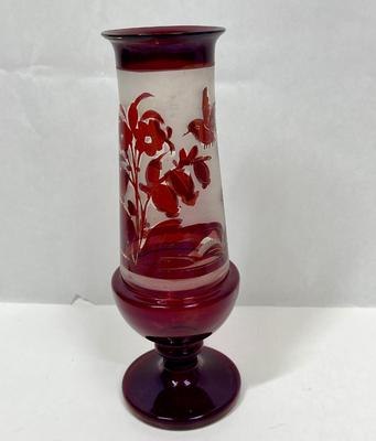 Bohemian Ruby red etched glass vase