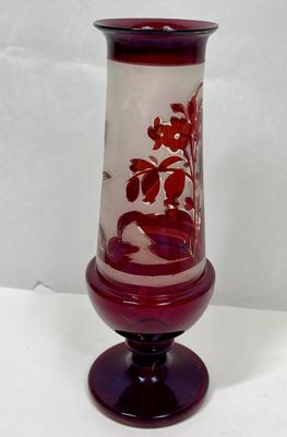 Bohemian Ruby red etched glass vase