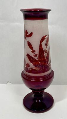 Bohemian Ruby red etched glass vase