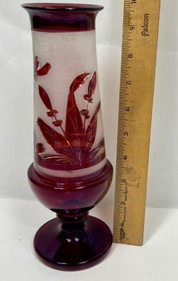 Bohemian Ruby red etched glass vase