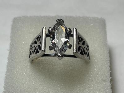 Vintage Sterling Silver .925 Marquise CZ Engagement Style Ring Size 8.75 in Good Preowned Condition as Pic'd.