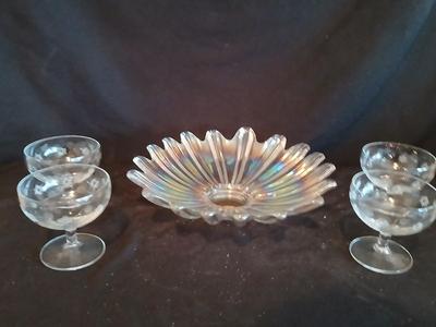 Federal glass Celestial Starburst Iridescent Bowl with four Depression Standard Glass Co. Criss Cross and Punty cut glasses