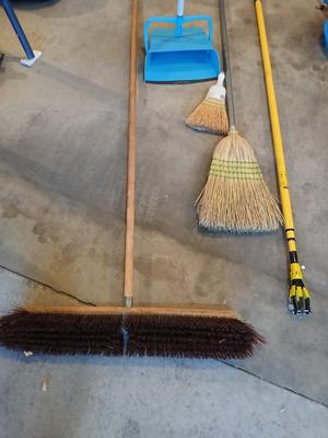 Push broom, straw broom, light bulb changing tool with attachments, a dustpan with whisk broom
