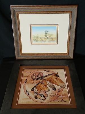 Two framed wall art - Windmill by Jessi Scott - and a cross stitch of Tribal Ponies