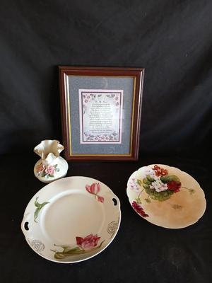 Antique China plates with a vase and a framed friends poem