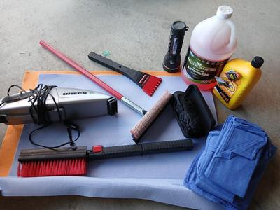 Automotive care / detailing rags, squeegee, Oreck 12-volt vacuum, wiper fluid, and more