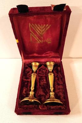 Lot #25 Pair of Brass Shabbat Candles in original case - Judaica