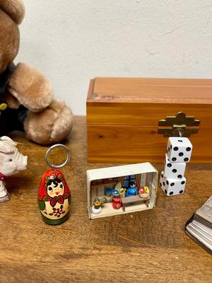 Christmas Decor Lot - German Bear, Mini Book, Mini Diorama, Keychain, Wood Box, etc