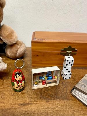 Christmas Decor Lot - German Bear, Mini Book, Mini Diorama, Keychain, Wood Box, etc