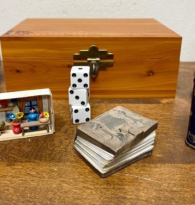 Christmas Decor Lot - German Bear, Mini Book, Mini Diorama, Keychain, Wood Box, etc