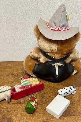 Christmas Decor Lot - German Bear, Mini Book, Mini Diorama, Keychain, Wood Box, etc
