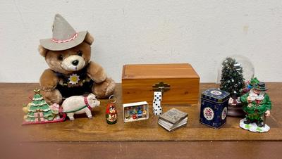 Christmas Decor Lot - German Bear, Mini Book, Mini Diorama, Keychain, Wood Box, etc